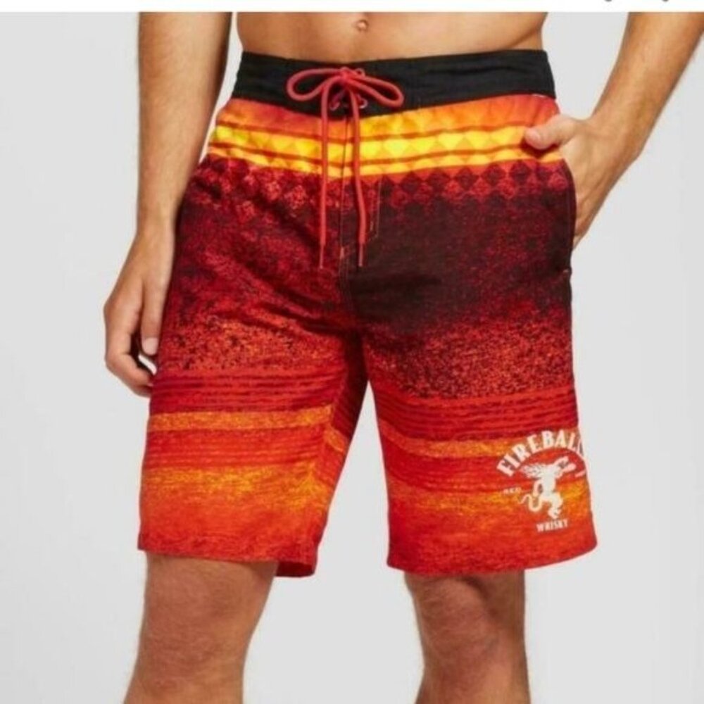 Fireball Whisky Mens Swim Trunks Red Gradient Striped Design With Pockets S